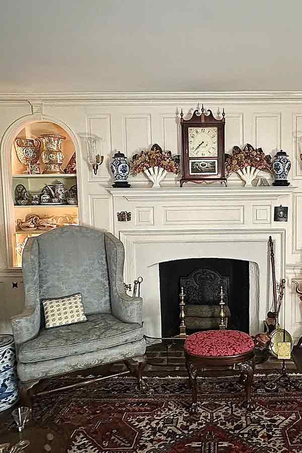 Various antiques in a living room display